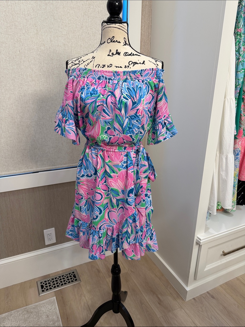 Lilly Pulitzer Pink & Blue Floral Off-Shoulder Mini Dress